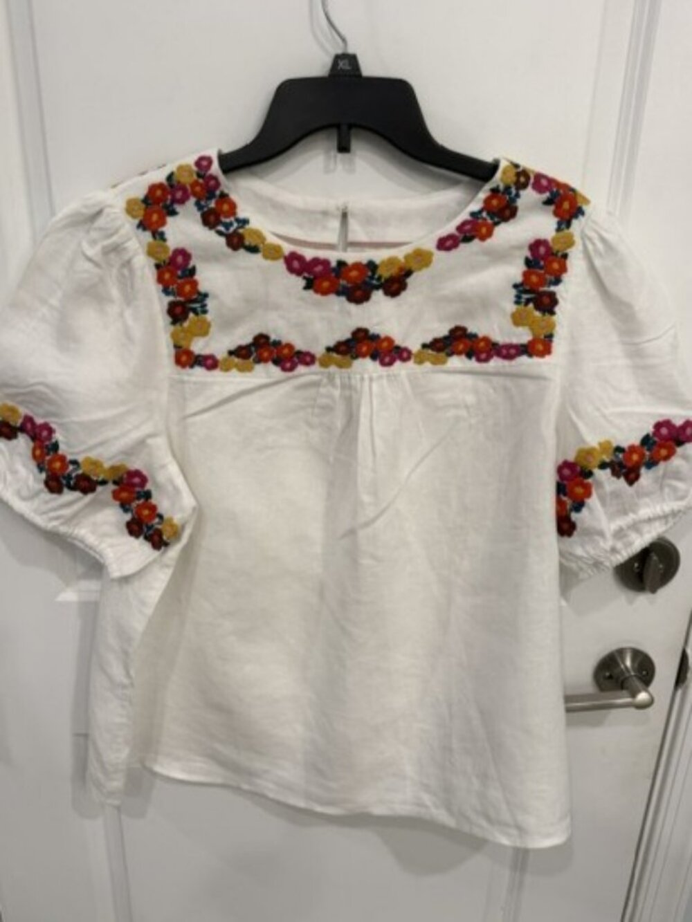 Boden White Multi-Color Floral Embroidered Puff Sleeve Linen Blouse - Picture 2 of 6
